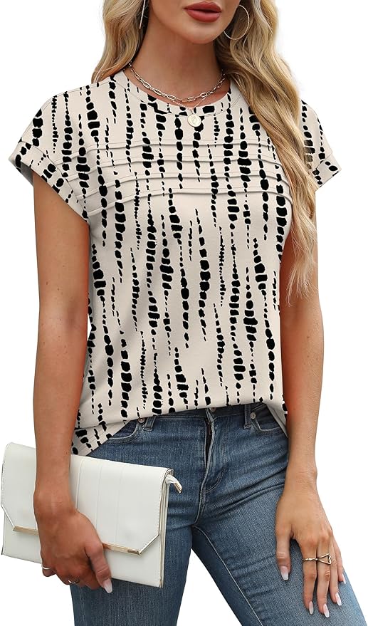 WEESO Womens Summer Tops Trendy 2026 Cap Sleeve T Shirts Crew Neck Pleated Front Beach Vacation Clothes Fashion