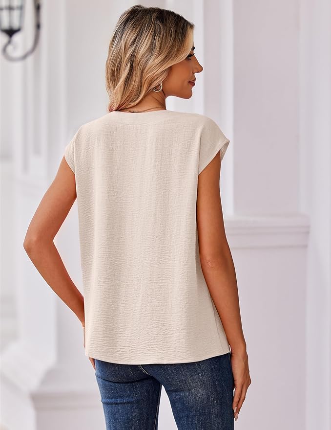 Zeagoo Womens Tops Cap Short Sleeve Textured Blouse V Neck Summer Spring Shirts Business Casual Outfits