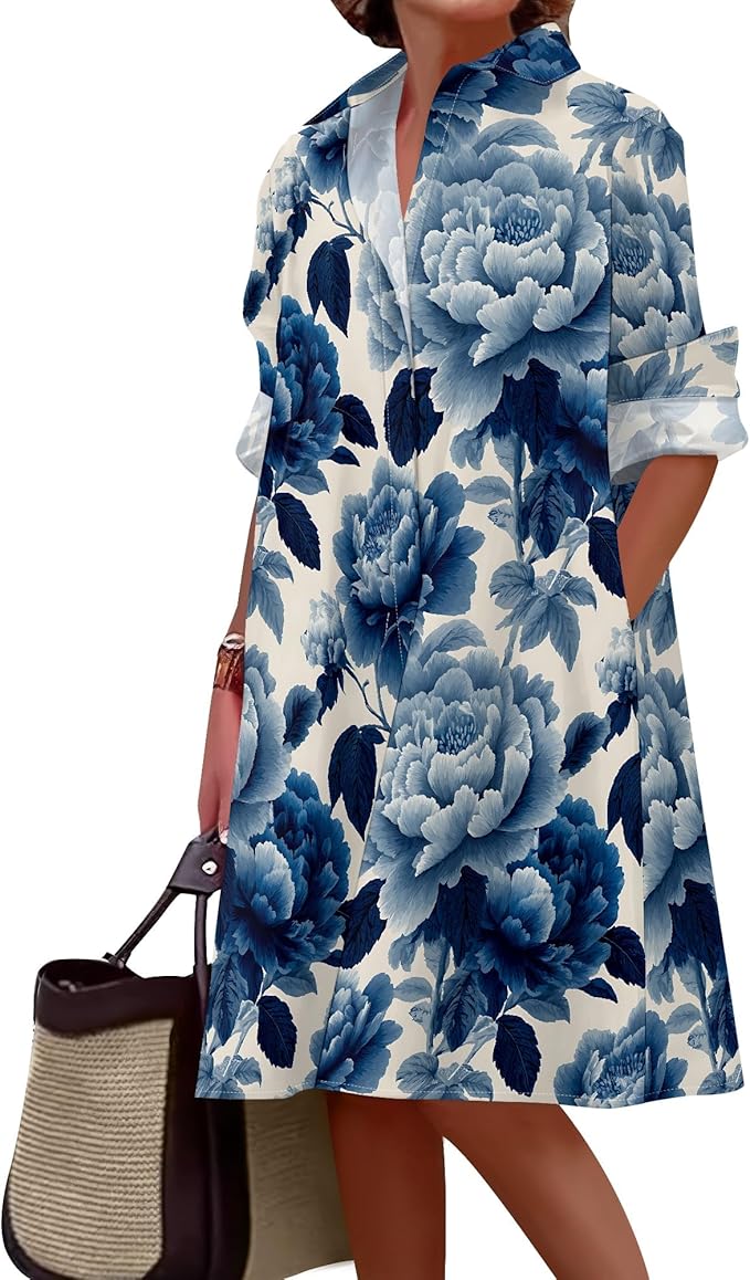 Shirt Dresses for Women 2025 Summer Long Sleeve Casual Plus Size Floral Printed Beach Vacation Dress with Pockets