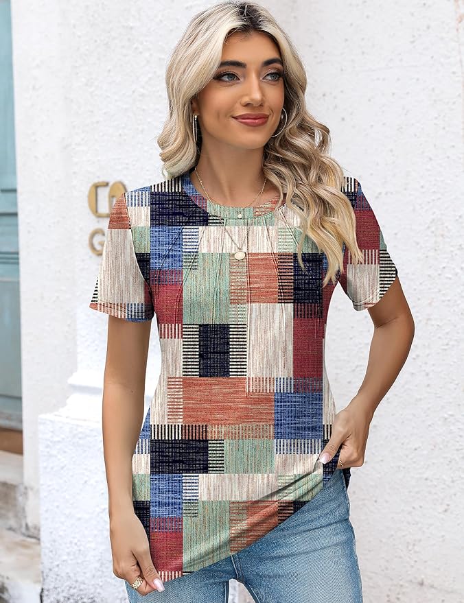 Kistore Womens Casual Crew Neck Short Sleeve Pleated Tops Blouses Fashion Clothes 2026