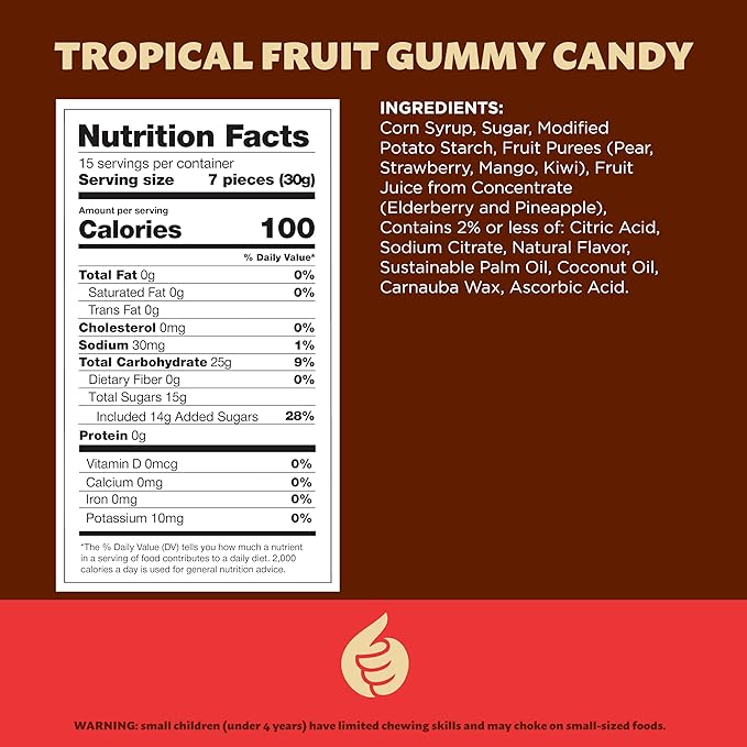 Tropical Fruit Jelly Candy Mix 1-Pound Bag | Vegan Gummies with Real Fruit Puree | Assorted Flavors | Gelatin Free Plant Based Texture | No Artificial Colors and Flavors | Dye Free Candy
