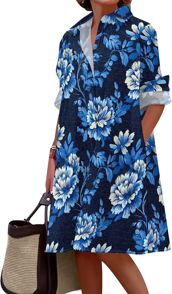 Shirt Dresses for Women 2025 Summer Long Sleeve Casual Plus Size Floral Printed Beach Vacation Dress with Pockets