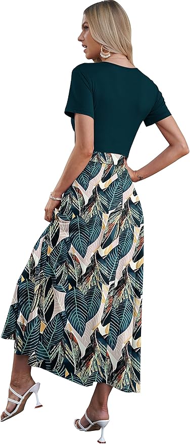 AUSELILY Maxi Dresses for Women Ankle Length Floral Print Beach Long Flowy Dress with Pockets