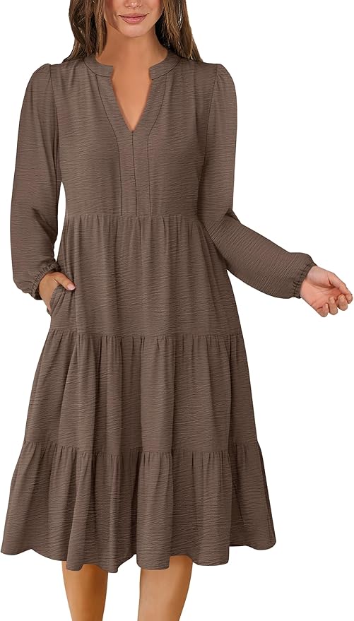 ANRABESS Womens Fall Midi Dresses Long Sleeve V Neck Swing Tiered Work Business Casual 2026 Flowy Beach Vacation Dress