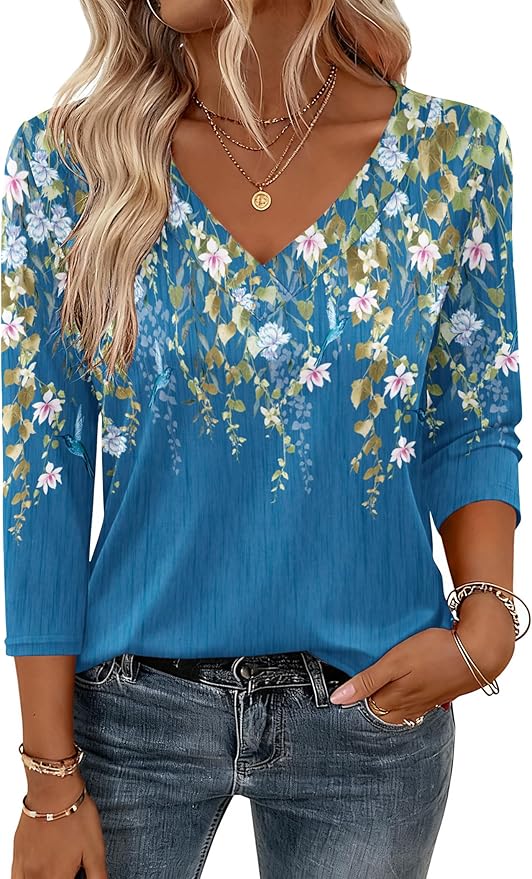 Zeagoo 3/4 Length Sleeve Womens Tops V Neck Shirt Dressy Casual Blouse Basic Tshirts 2026 Fashion Clothing S-2XL