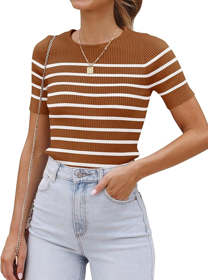 ZESICA Women's Short Sleeve Crewneck Striped T Shirt 2026 Summer Ribbed Knit Slim Fit Casual Basic Tee Tops