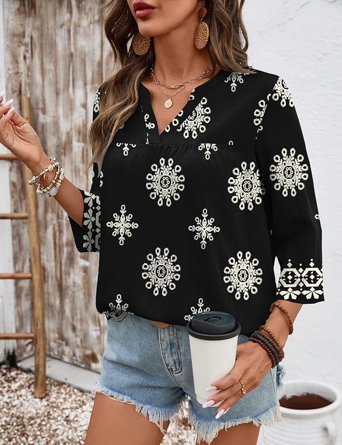 Rapbin Womens 3/4 Sleeve V Neck Floral Print Pleated Blouses for Women Dressy Casual Loose Fit Tops