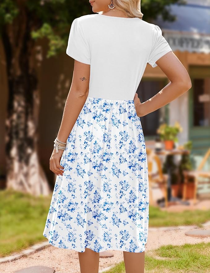 Zeagoo Womens Midi Dress Summer Short Sleeve Dress with Pockets 2025 Casual Floral T-Shirt Dress Flowy Beach Sundress