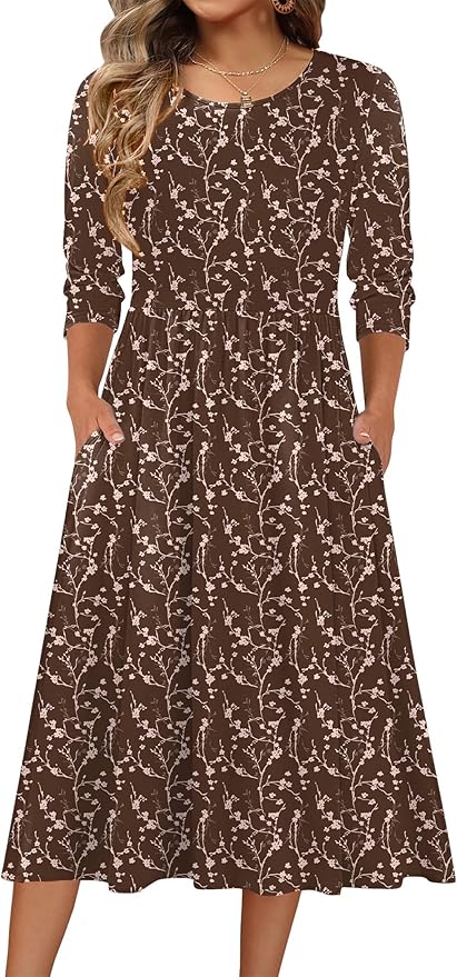 Zeagoo 3/4 Sleeve Women's Dress Casual Flowy A-Line Midi Tshirt Dresses with Pockets Crewneck Vocation Boho Beach Sundress