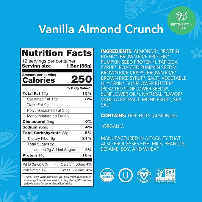 ALOHA Organic Plant Based Protein Bars, Vanilla Almond Crunch, 1.98-Ounce Bars, (Pack of 12)