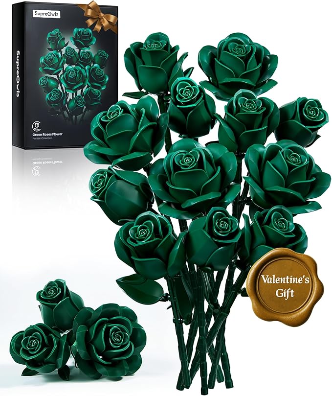 iATOM Green Rose Bouquet Building Set, 12Pcs Fake Flowers Botanical Collection for Adult, Valentine's Day Gift for Her/Girlfriend/Mom/Wife/Couple, Vintage Home Office Table Centerpiece Decor Aesthetic