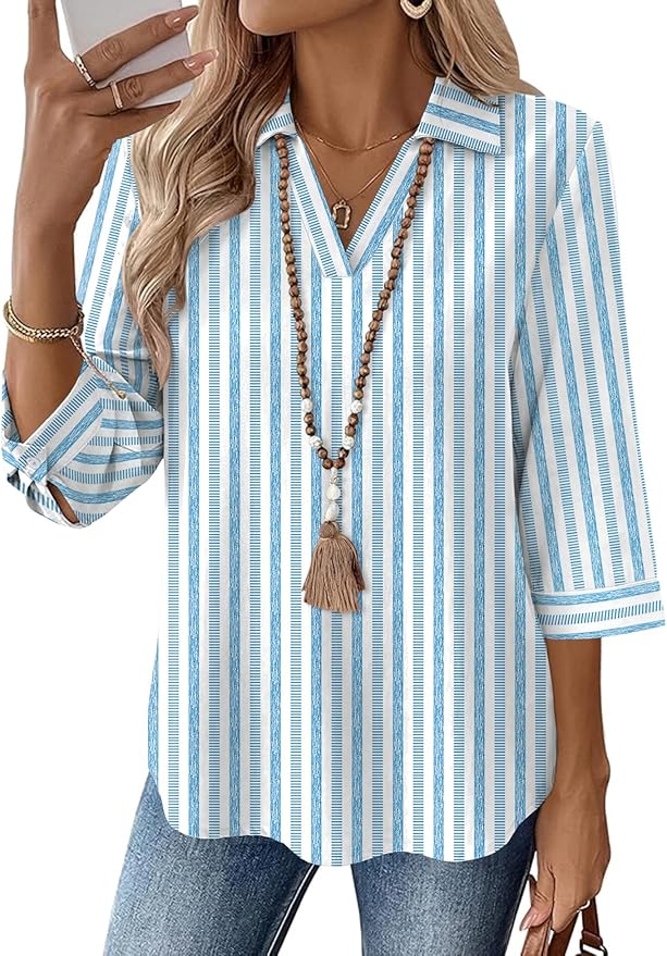 LOMON Womens 3/4 Sleeve Tops V Neck Cotton Linen Work Blouse Polo Shirts for Women Business Casual 2026