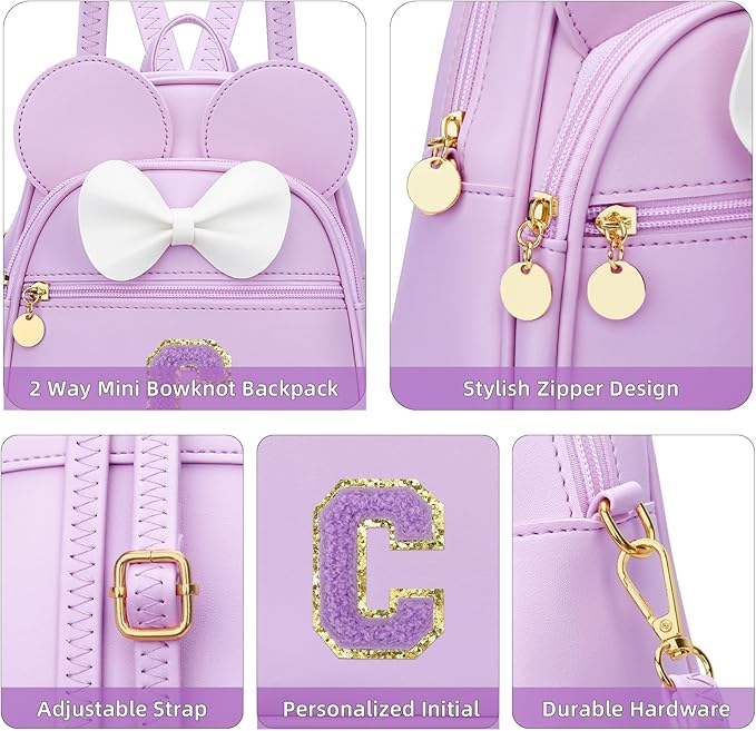 KKXIU Girls Initial Bowknot Cute Mini Backpack for Toddler, Travel Small Girl Backpacks, Personalized Valentine's Day Gifts for Little Girls and Kids(C, Purple)
