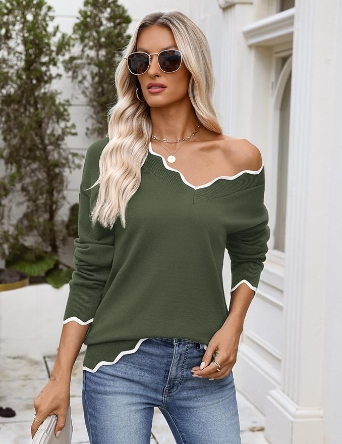 Zeagoo Women's 2026 Fall V Neck Sweater Casual Long Sleeve Lightweight Ribbed Knit Pullover Sweaters Dressy Casual Tops