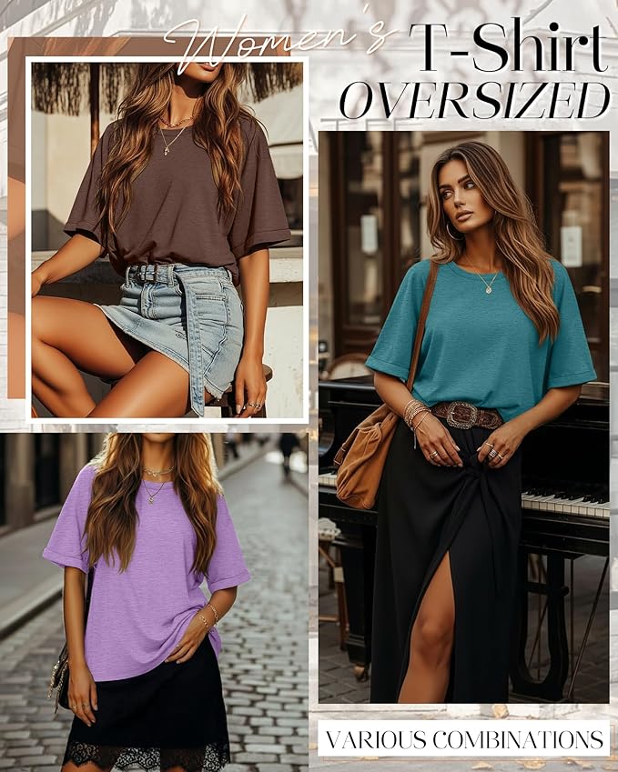 Riyiper 3 Pack Women's Oversized T-Shirt Half Sleeve Summer Tees Casual Loose Fit Crew Neck Basic Tops