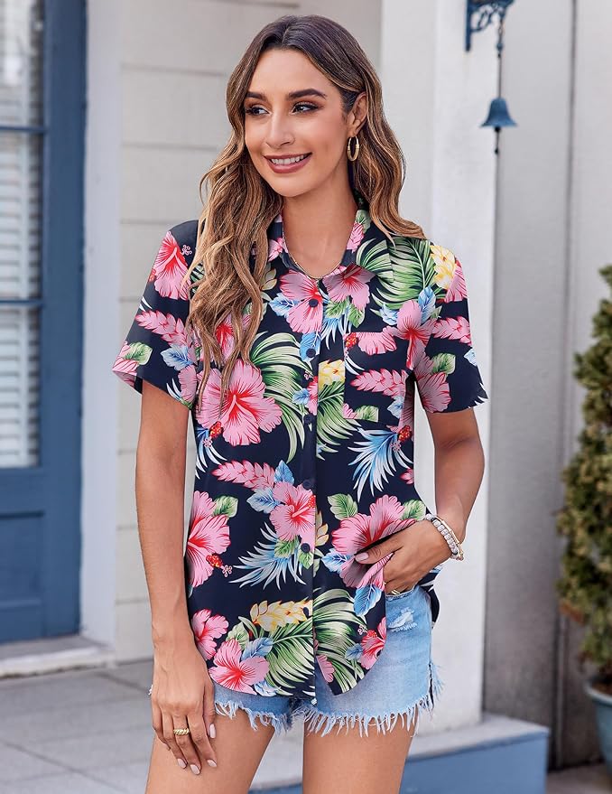 Zeagoo Womens Button Down Shirt Bust Pocket Short Sleeve Blouses Business Casual Work Tops Summer Outfits
