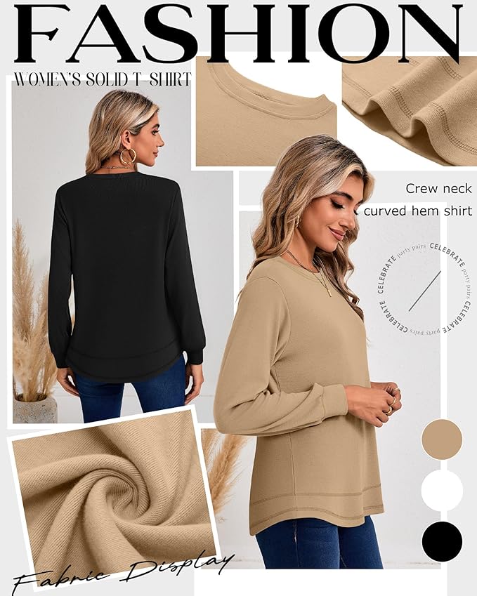 Ficerd 3 Pack Women's Long Sleeve Shirts, Cotton Crew Neck Tunic Tops Casual Loose Fit Pullover Sweatshirts Curved Hem Shirts