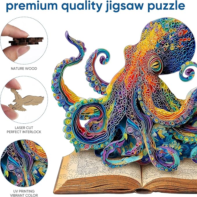 Reouinty Wooden Puzzles for Adults, Octopus Book Jigsaw Puzzles 200 Pieces, Unique Shape Animal Adult Puzzles, Irregular Wood Best Gift for Adults Family Game(11.4 * 10.9 in)