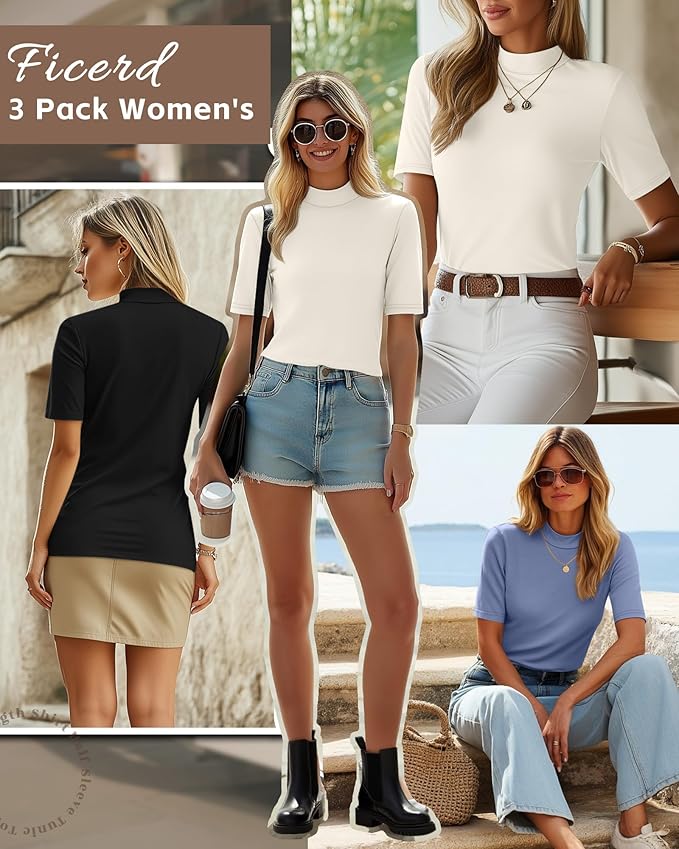 Ficerd 3 Pack Women's 1/2 Sleeve Mock Turtleneck Shirts, Elbow Length Shirt Half Sleeve Tunic Top Casual Summer Basic Tees