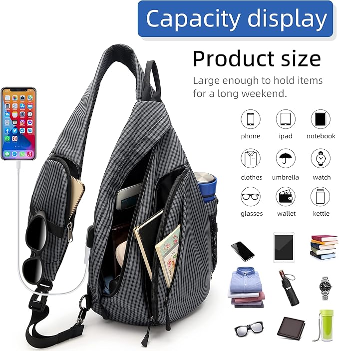 TurnWay Water-Proof Sling bag/Crossbody Backpack/Shoulder Bag with USB Charging Port for Travel, Hiking, Cycling, Camping