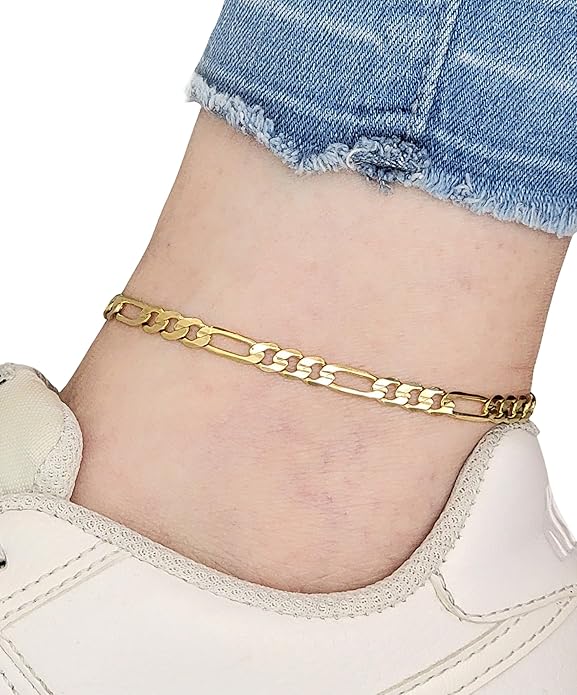 BA UNIQUE FASHION Gold Electroplated Anklet for Women, 9-12 Inch Sizes, Figaro, Cuban, Mariner, Herringbone Design - Made in Korea