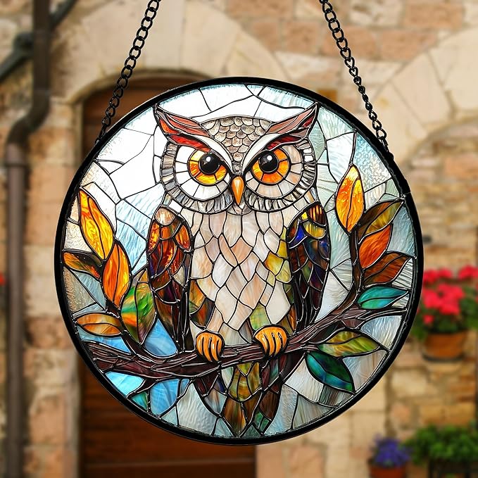 Stained Glass Window Hanging, Owl Colorful Leaves Birds Sun Catchers Diamond Glass Panel Hangings Suncatcher Decor for Birthday for Women, Men, Wife, Aunt, and Mom 9.8 in