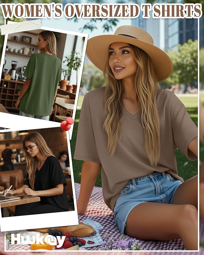 Huukeay Women's Cotton Oversized T Shirts 3 Pack V Neck Loose Fit Half Sleeve Tops Baggy Casual Summer Gym Workout Tees 2026