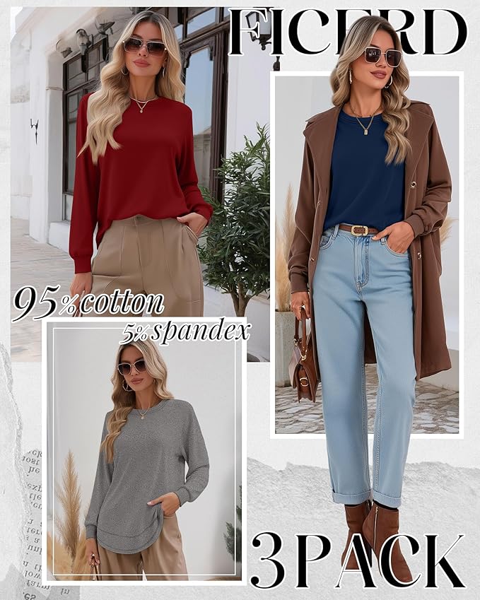 Ficerd 3 Pack Women's Long Sleeve Shirts, Cotton Crew Neck Tunic Tops Casual Loose Fit Pullover Sweatshirts Curved Hem Shirts