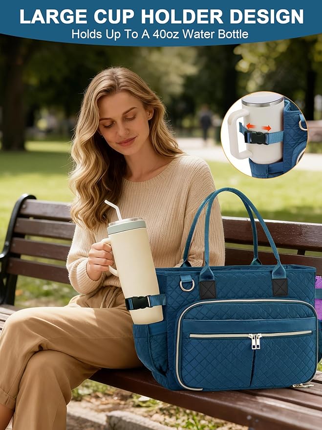 FIORETTO Teacher Tote Bag for Women with Laptop Compartment, Large Cup Holder, Zip Closure, Ideal for Work, Bible, Nurse