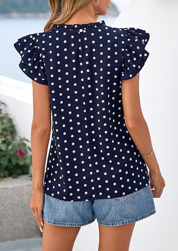 PRETTYGARDEN Women's Ruffle Short Sleeve Summer Tops 2026 Trendy Floral Trim Neck Casual Dressy Chiffon Boho Blouses Shirts