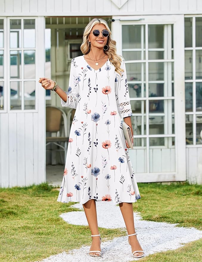 Zeagoo Women's Dresses 3/4 Sleeve Summer Casual V-Neck A Line Flowy Eyelet Midi Dress for Women Beach Vacation Sundress