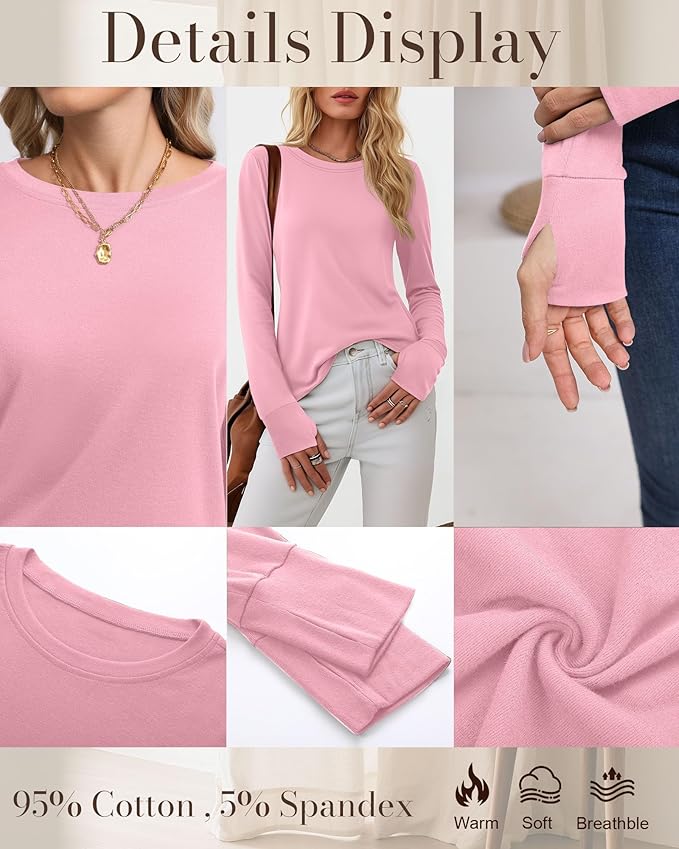 Huukeay 3 Pack Women's Long Sleeve Shirts with Thumb Holes, Cotton Casual Crew Neck Tunic Tops Fall Loose Y2k Trendy Outfits
