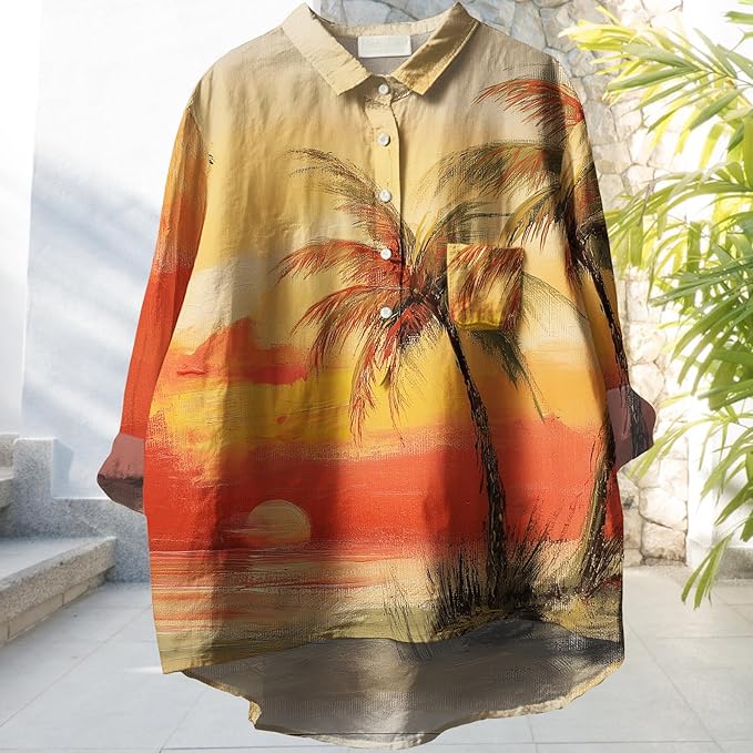 Womens Boho Tops 3/4 Long Sleeve Floral Blouses Hawaii Beach Button Down Shirts V Neck Pullover Casual Tunics