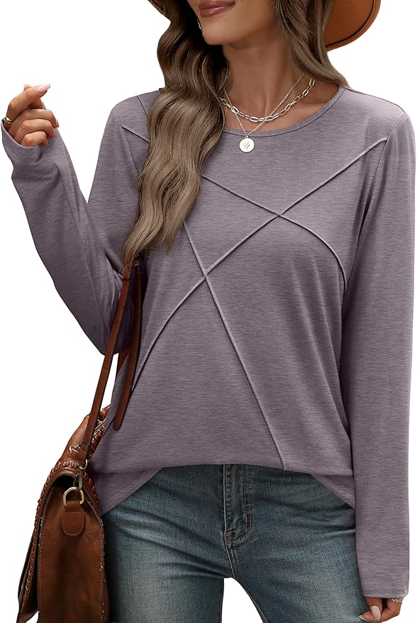 XIEERDUO Long Sleeve Shirts for Women Business Casual Tops Trendy Crewneck Fall T Shirts Pleated Loose Fit