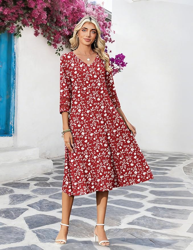 Zeagoo Women's Dresses 3/4 Sleeve Summer Casual V-Neck A Line Flowy Eyelet Midi Dress for Women Beach Vacation Sundress