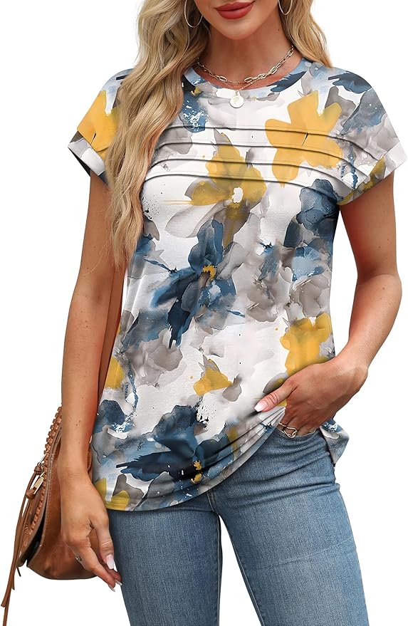 WEESO Womens Summer Tops Trendy 2026 Cap Sleeve T Shirts Crew Neck Pleated Front Beach Vacation Clothes Fashion
