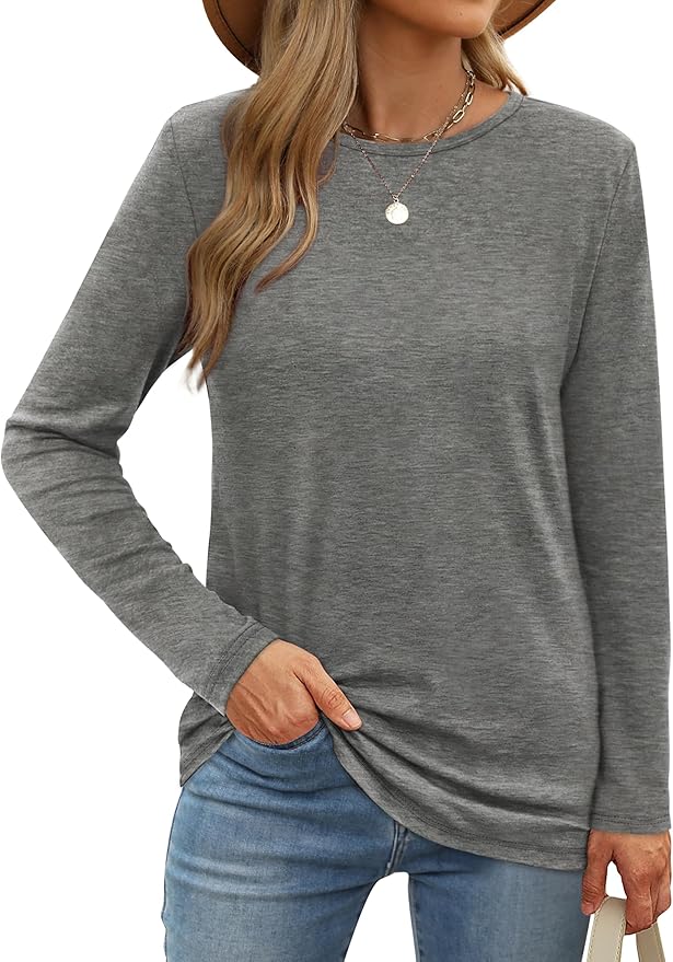XIEERDUO Long Sleeve Shirts for Women Casual Crew Neck Basic Fall Tops Loose Fit Comfy