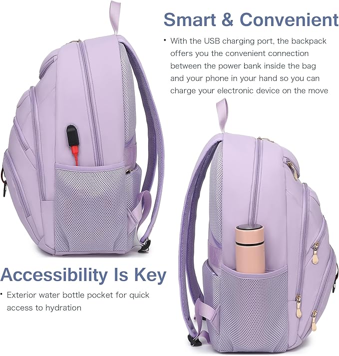 Boavan Laptop Backpack for women, 15.6inch Laptop Bag with USB Port, Waterproof Travel Work Backpack Purse, Anti-Theft Teacher Nurse Doctor Casual Bookbags Office Business backpack，Purple