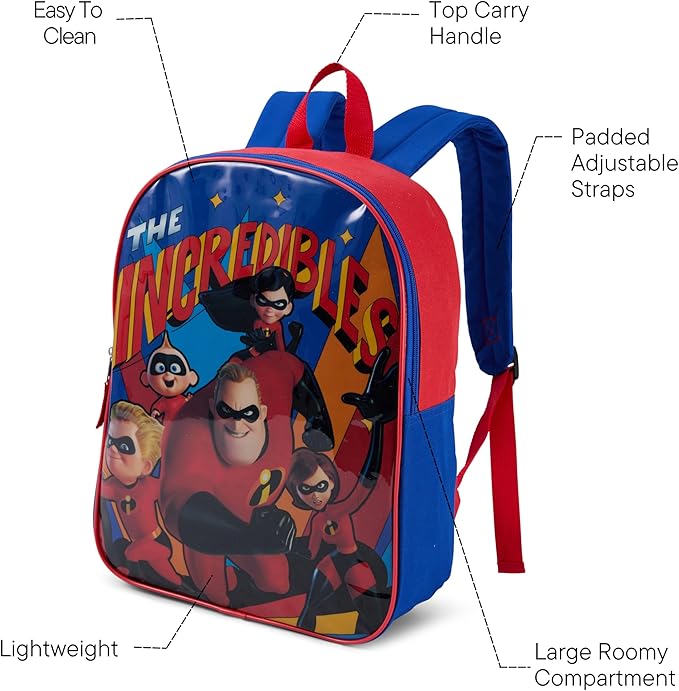 Disney Incredibles Backpack for Kids - Cute & Durable Kids Backpack for Boys with Padded Straps & Zip Compartment - Ideal Toddler Bookbag for School & Travel - 15”