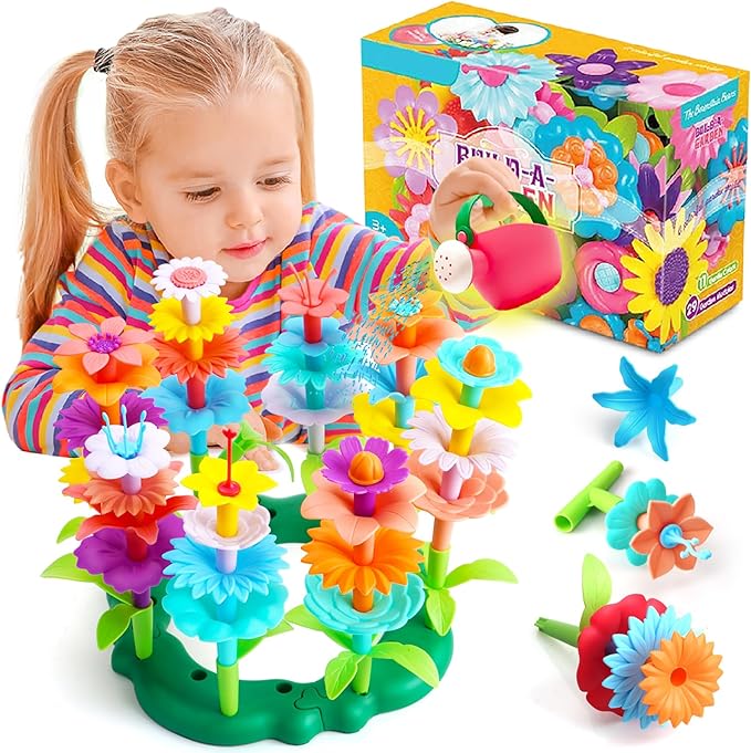 FUNZBO Flower Garden Building Toys Set - Birthday Gifts for Age 2 3 4 5 6 Years Old Girls, STEM Montessori Educational Toy for Toddler Kids, Sorting & Stacking Spring Gardening Set