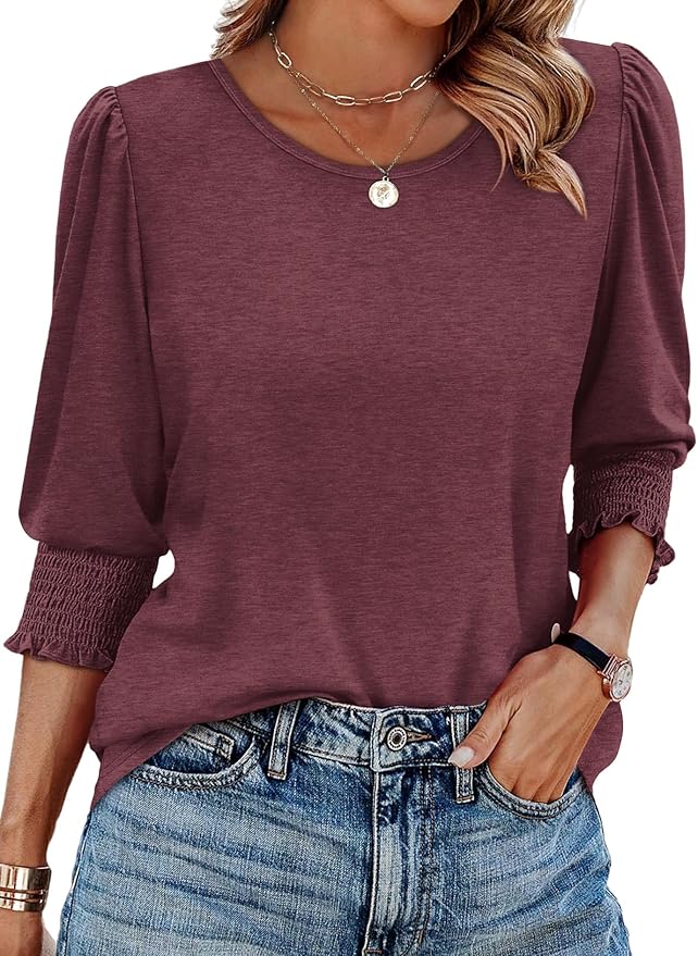 XIEERDUO Blouses for Women Dressy Casual 3/4 Length Sleeve Womens Tops with Smocked Cuffs