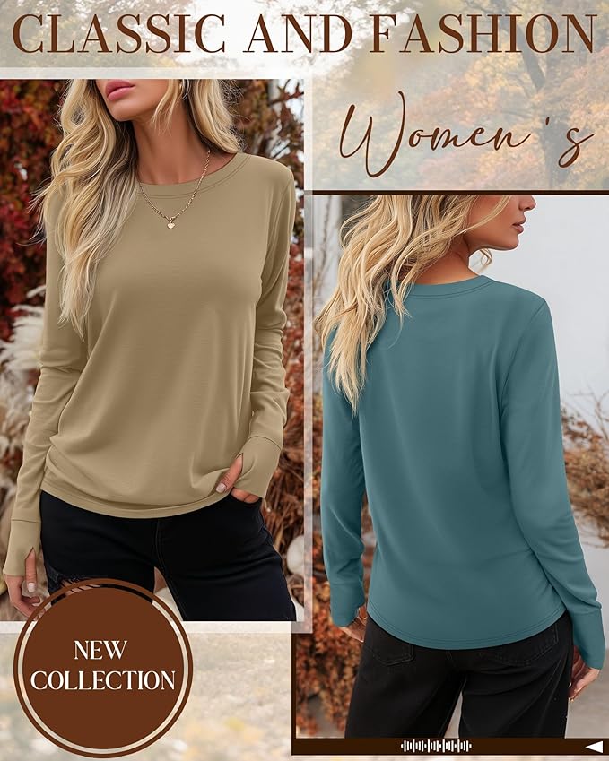Huukeay 3 Pack Women's Long Sleeve Shirts with Thumb Holes, Cotton Casual Crew Neck Tunic Tops Fall Loose Y2k Trendy Outfits
