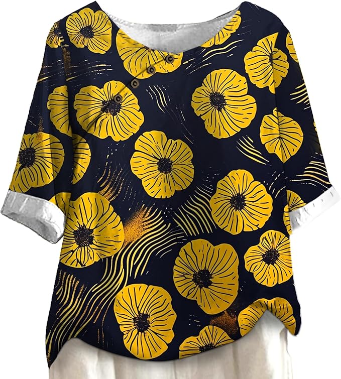 Women's Shirts Dressy Casual Asymmetric Side Button Down Design Tops Summer Loose Fit Crewneck Graphic Tees