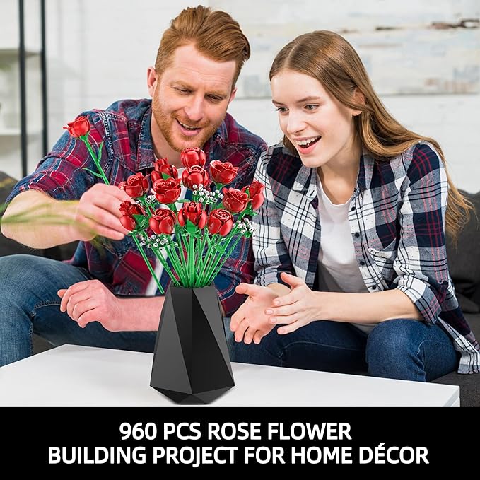 Sopu Red Rose Bouquet Building Set, 960PCS Roses Artificial Flowers Botanical Collection for Dinner Table Home Decor, Valentines Day Gifts for Her Him Valentines Flower Decorations