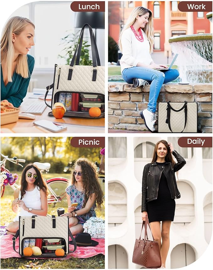LOVEVOOK Lunch Tote Bag for Women, 17.3 Inch Laptop Bag with Insulated Lunch Compartment, Quilted Large Capacity Computer Handbag with Purse for Business, Work, Nurse, Office, Collage, Casual