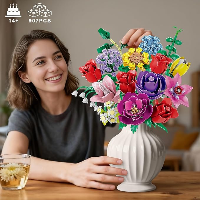 Loyratche Flower Bouquet Building Set, Compatible with Lego Flowers, 16 Flowers Rose Building Block, Artificial Flowers Botanical Collection Building Block Toy Plant Home Decor, Gift for Her (907 PCS)
