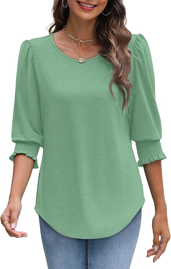 XIEERDUO Blouses for Women Dressy Casual 3/4 Length Sleeve Womens Tops with Smocked Cuffs