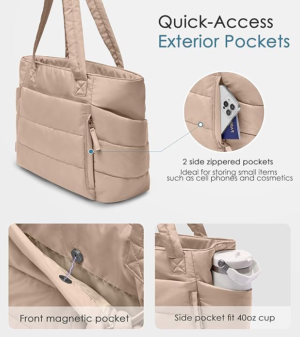 Tote Bag for Women with Zipper, Quilted Puffer Tote Bag with Compartments, Lightweight Puffy Work Bags for Women Travel