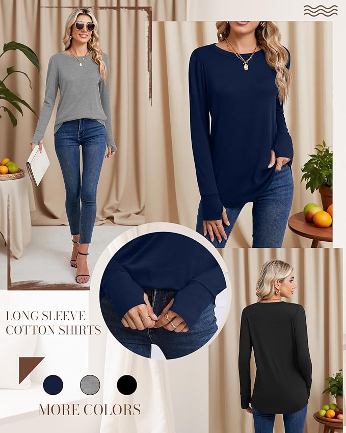 Huukeay 3 Pack Women's Long Sleeve Shirts with Thumb Holes, Cotton Casual Crew Neck Tunic Tops Fall Loose Y2k Trendy Outfits
