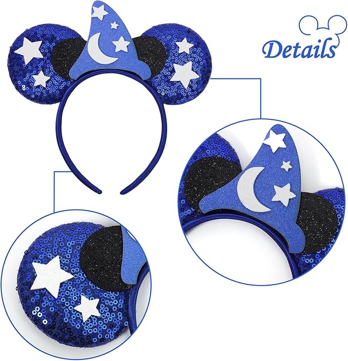 ETLUK Mouse Ears Headband, Blue Wizard Ears Sequin Bow Headband for Adult Kids Women Girls Boys, Parks Ears for Cosplay Accessories Party Decorations